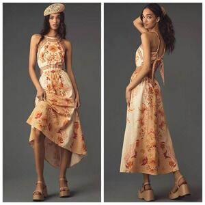 Anthropologie Farm Rio Printed Halter midi dress Size XS floral Linen blend